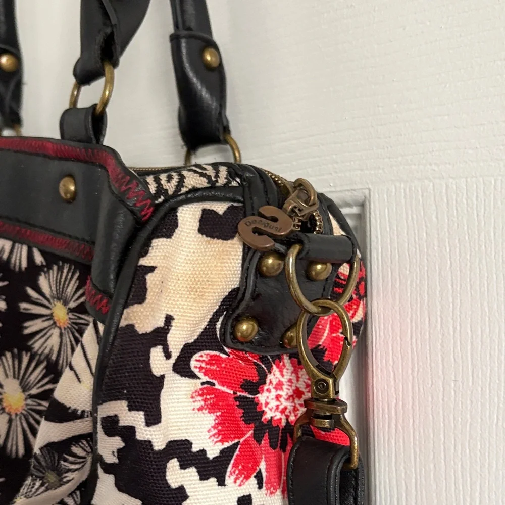 Desigual Black Satchel Red & White Floral Detail Top Handle w. Crossbody Strap